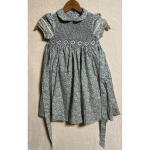 Luli & Me Girls Blue Floral Smocked Dress Lace Trim Peter Pan Collar 4T Easter